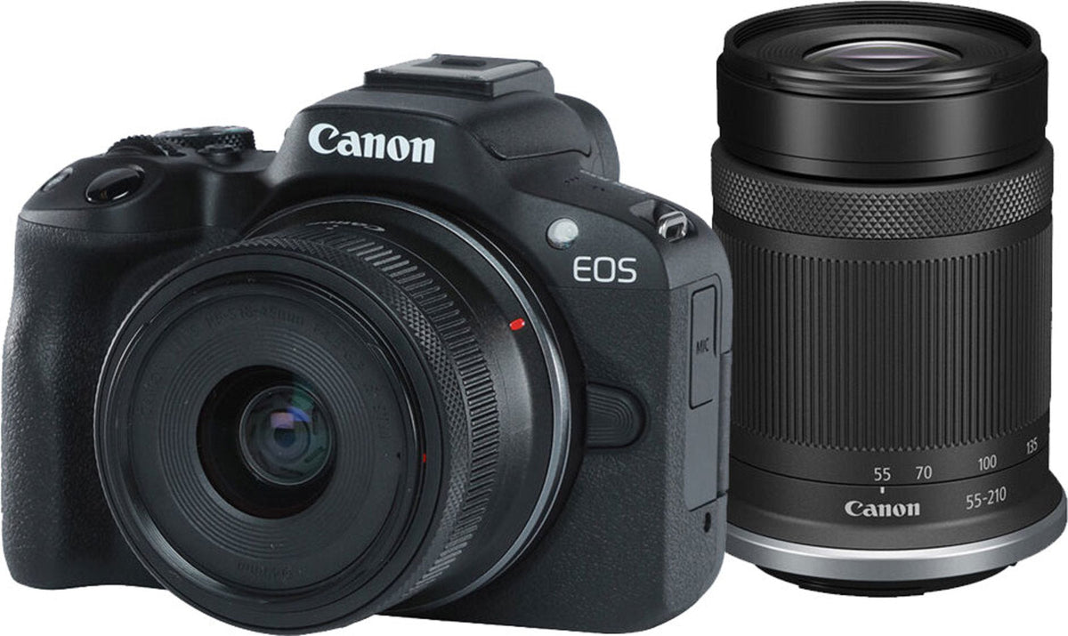 Canon EOS R50 Mirrorless Camera with 18-45mm f/4.5-6.3 and 55-210mm f/5-7.1 Lenses (Black)